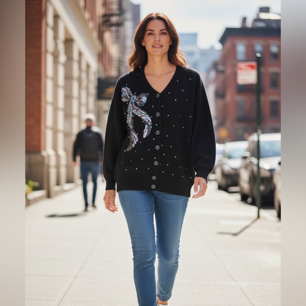 Vintage 80-90s E.M.T. Silk Angora Rabbit Hair Sweater Sequins Beads Black Size M